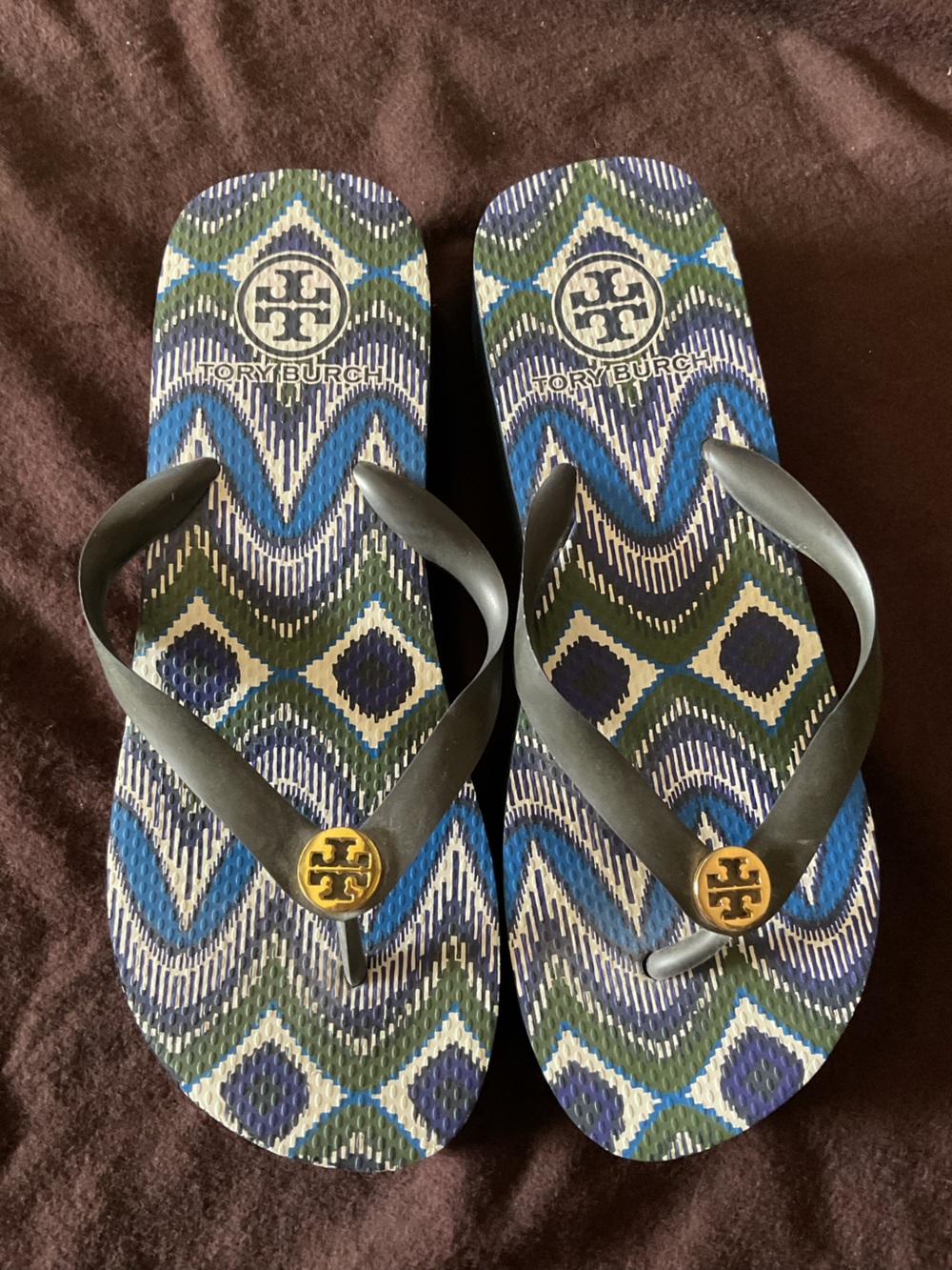 Tory Burch Blue Green Patterned Flip Flop Sandals